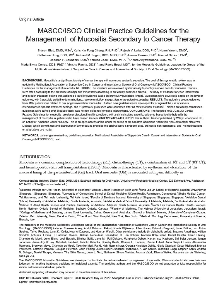 MASCC/ISCC Clincal Practical Guidelines for Management of Oral Mucositis 2020