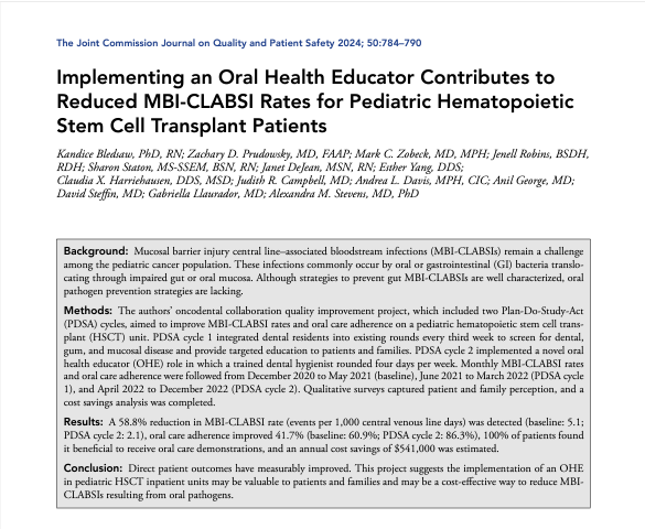 Implementing an Oral Health Educator Contributes to Reduced MBI-CLABSI Rates for Pediatric Hematopoietic Stem Cell Transplant Patients